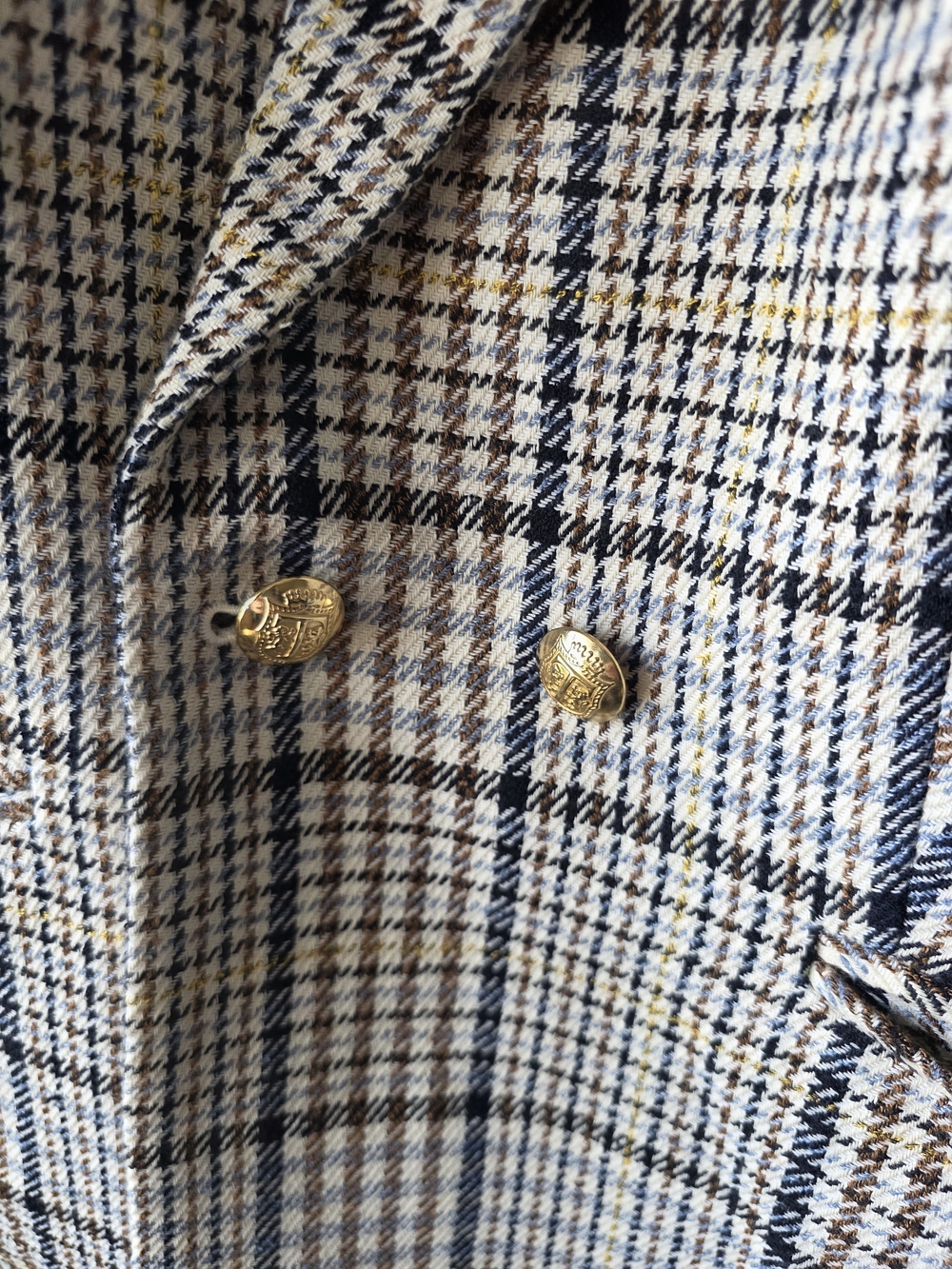 Talbots Plaid Double-Breasted Blazer in Cream, Navy & Brown Size 14 Vintage Y2K - Picture 8 of 9